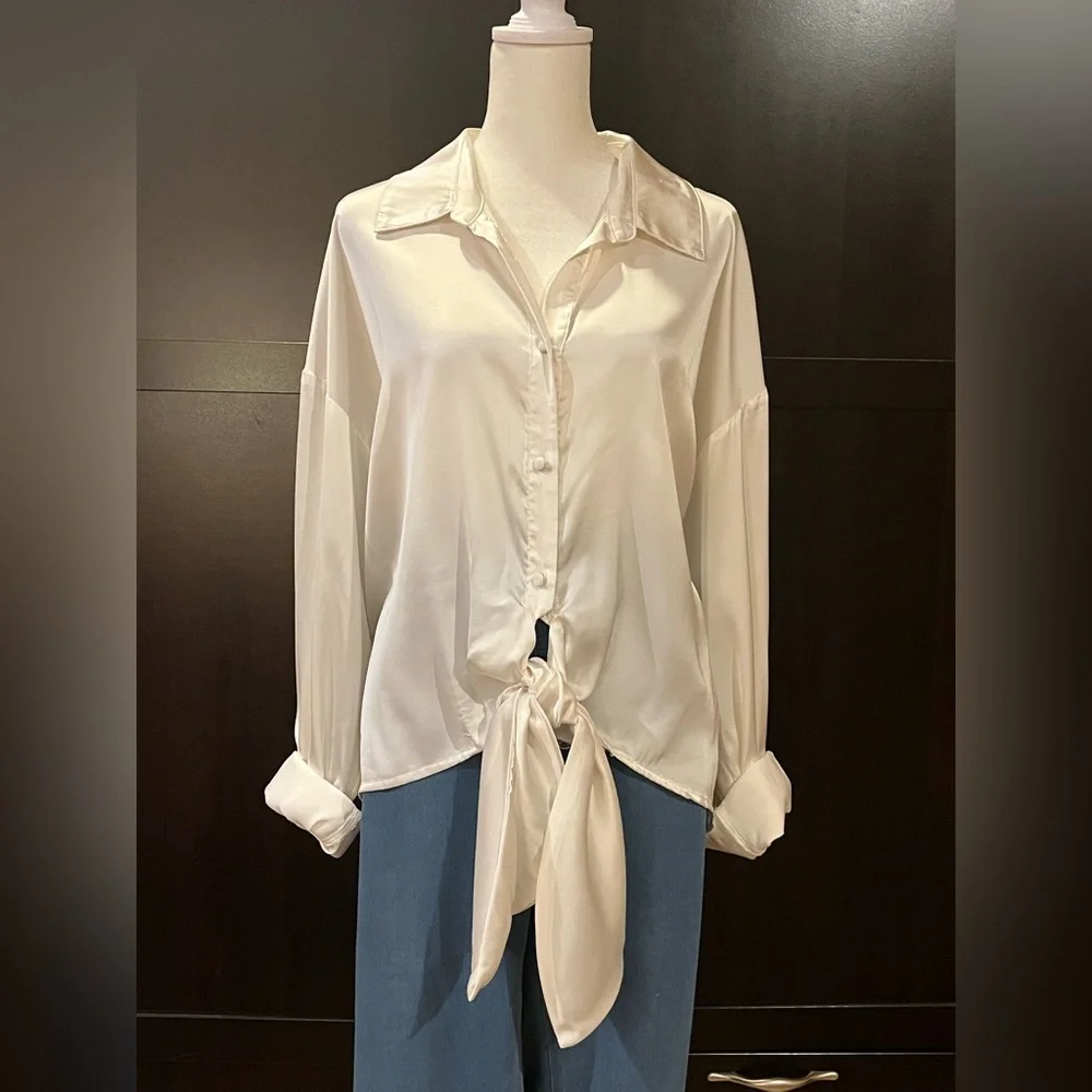 Anthropologie Hutch tie front satin blouse. Button down, lapel collar. Size 1X - Picture 5 of 12